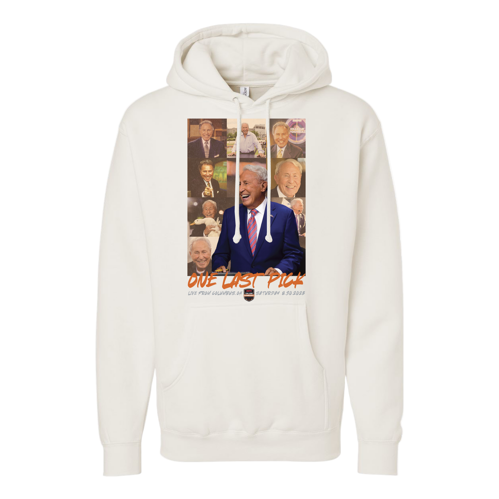 White hoodie with a graphic of Lee Corso in a suit and text on a white background